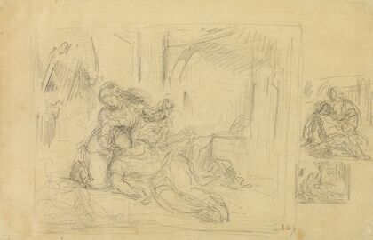 Woman Dying, Man in Bedroom, Two Sketches of Same