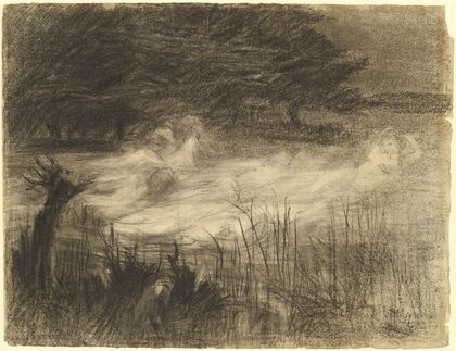 Woman Floating in a River Attended by Several Female Spirits