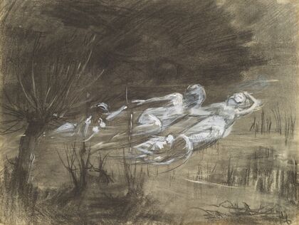 Woman Floating in a River Attended by Two Female Spirits