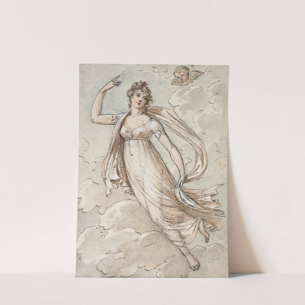 Woman floating in the sky, observed by a cherub by Peltro William Tomkins