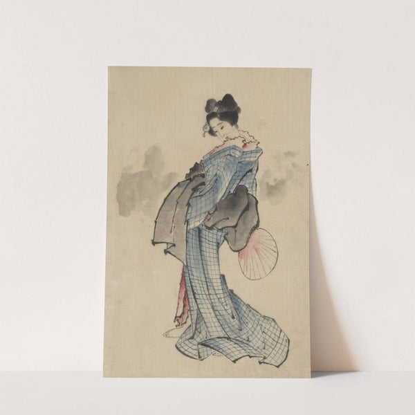 Woman, full-length portrait, standing, facing left, holding fan in right hand, wearing kimono with check design by Katsushika Hokusai