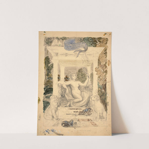 Woman holding a mirror flanked by a lion and a dog, study for the frontispiece of the Société des aquafortistes (1865) by Félix Bracquemond