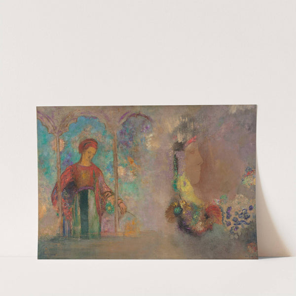 Woman in a gothic arcade; woman with flowers by Odilon Redon
