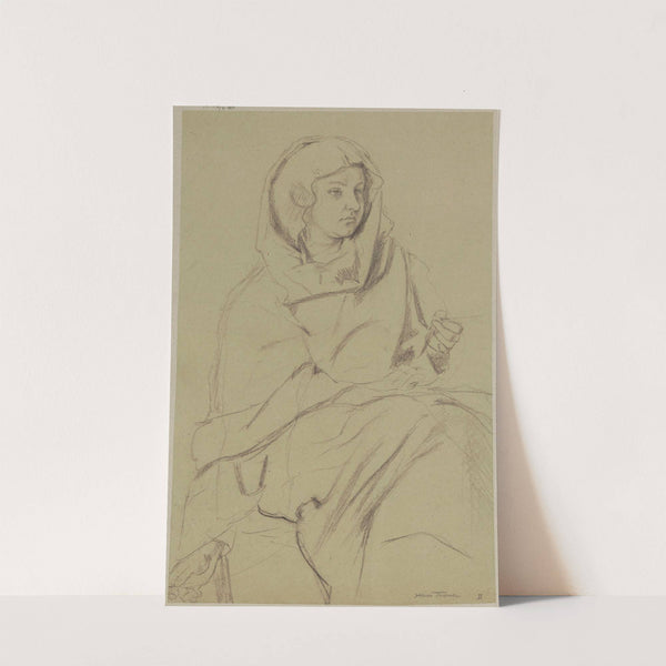 Woman in a strongly creased robe and a scarf on her head spinning a thread (1880 - 1900) by Hans Thoma