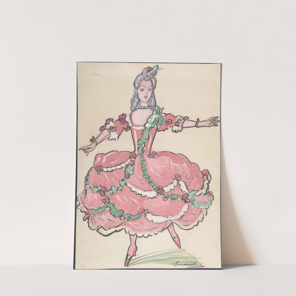 Woman in an elegant pink and green gown by Sergey Yurievich Sudeikin