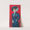 Woman in blue hat and coat with flower corsage on lapel (1908) by Sackett & Wilhelms Litho.