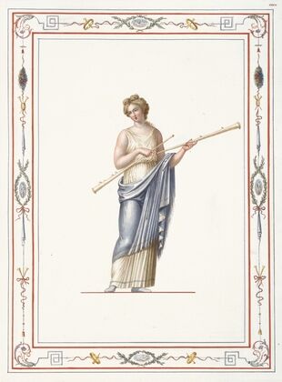 Woman in classical dress holding two long pipes. — size preview