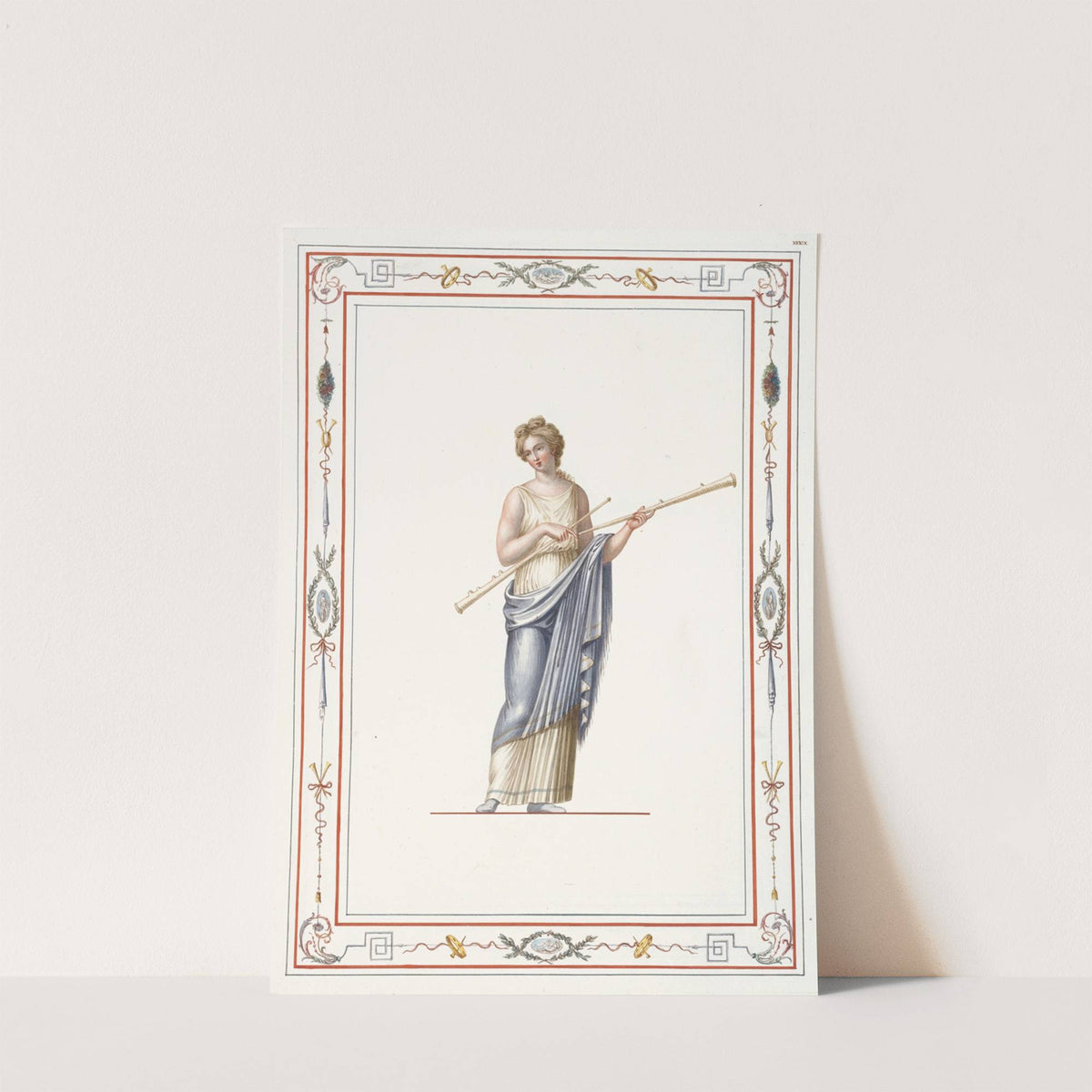 Woman in classical dress holding two long pipes. by Pierre-Jean Mariette