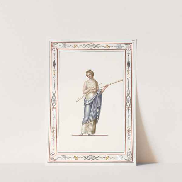 Woman in classical dress holding two long pipes. by Pierre-Jean Mariette