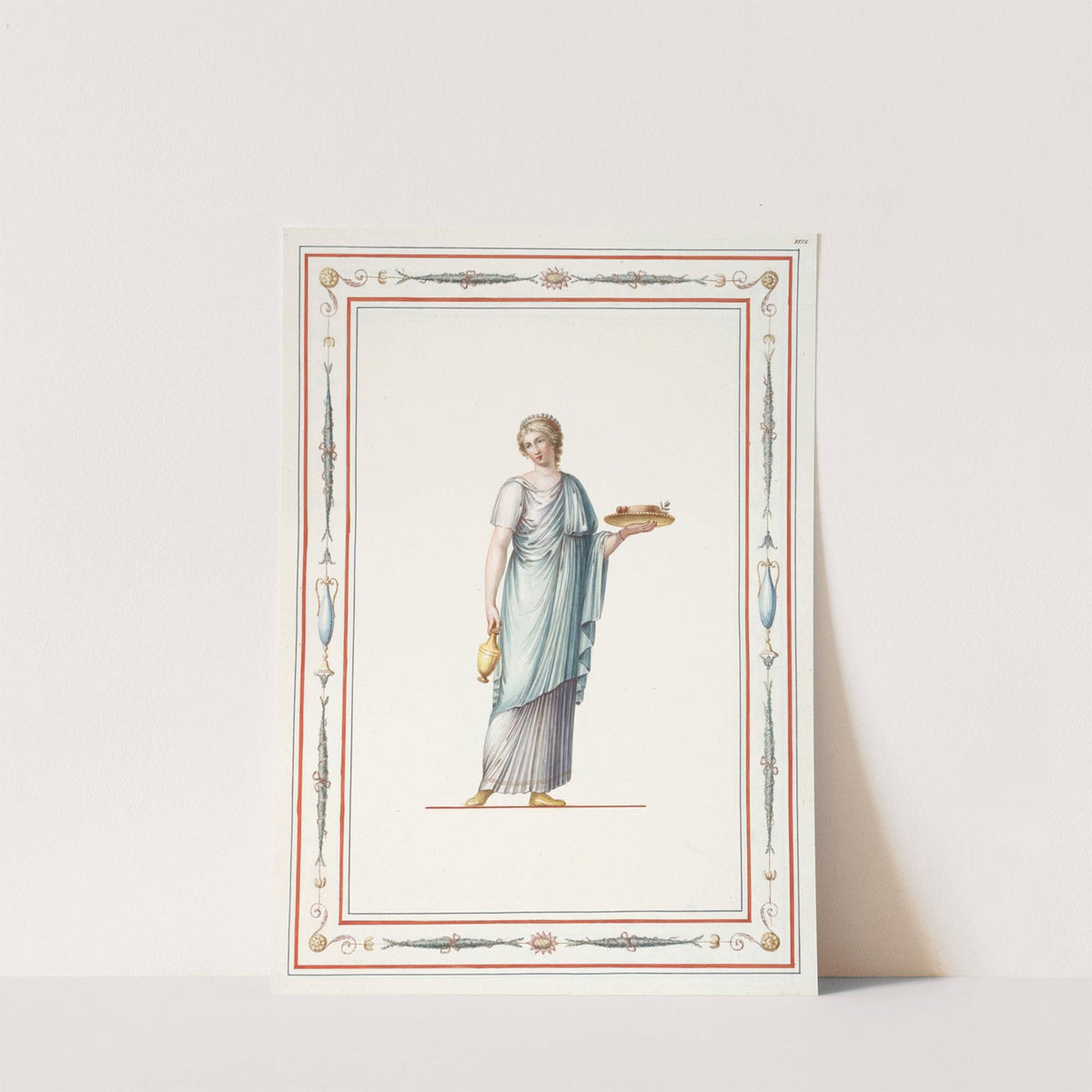 Woman in classical dress holding vase and platter of food. by Pierre-Jean Mariette