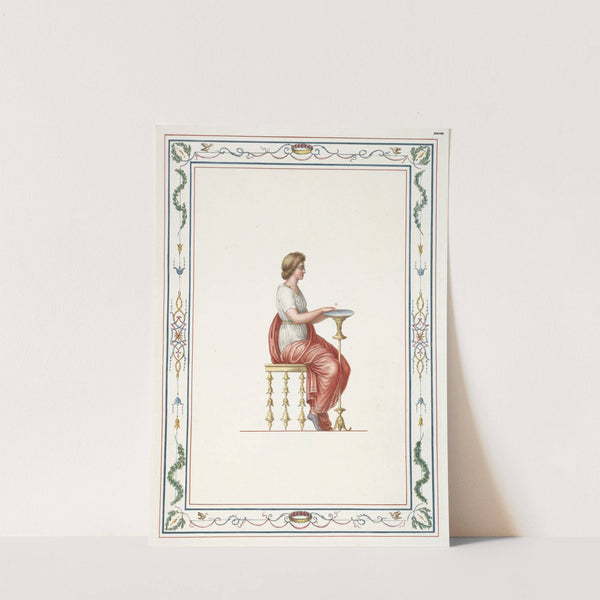 Woman in classical dress sitting at small table. by Pierre-Jean Mariette