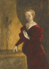 Woman in deep red dress holding a book to her chest, standing next to a table, behind which is a crucifix