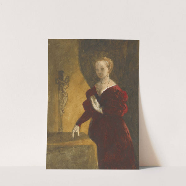 Woman in deep red dress holding a book to her chest, standing next to a table, behind which is a crucifix by Stewart Watson