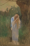 Woman in landcape, combing her long, blond hair