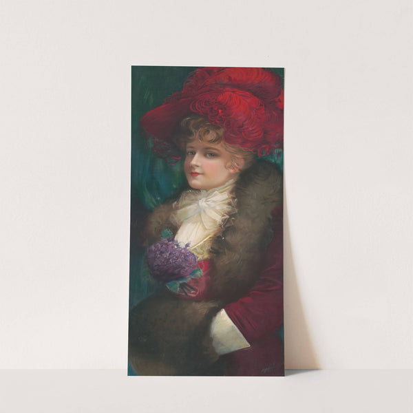 Woman in red hat with flowers by Anonymous