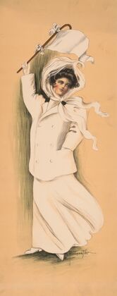 Woman in white dress and coat waving white flag (1909)