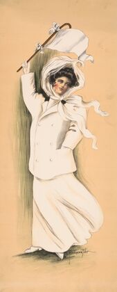 Woman in white dress and coat waving white flag