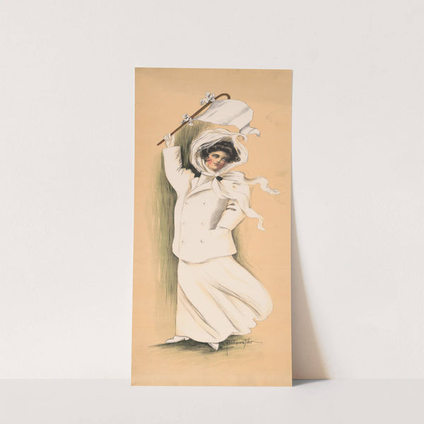 Woman in white dress and coat waving white flag by Eugenia Fidler