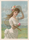 Woman in white dress holding flowers and tennis racket (1887)