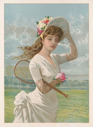 Woman in white dress holding flowers and tennis racket (1887)