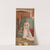 Woman in white dress standing holding a Eupion Oil brochure with fireplace and oil lamp in background (1885) by Eupion Oil