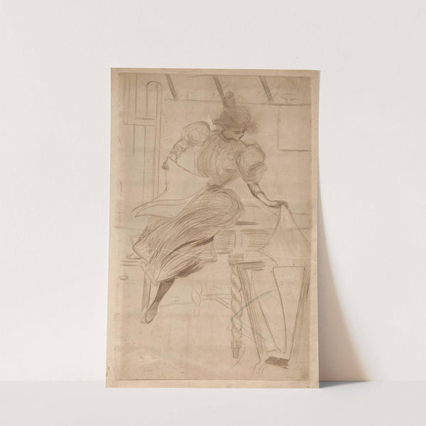 Woman looking at pictures in a picture stand by Henri Boutet