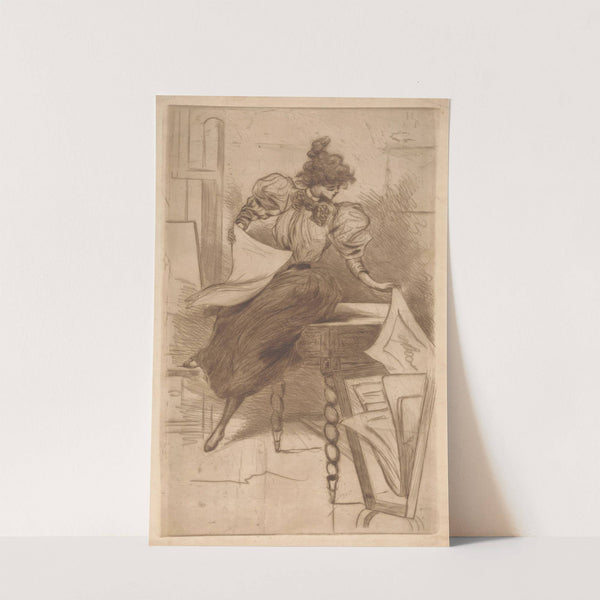 Woman looking at pictures in a picture stand. by Henri Boutet