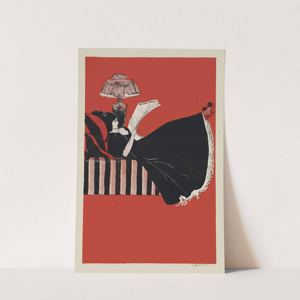 Woman lying down and reading a newspaper by Anonymous