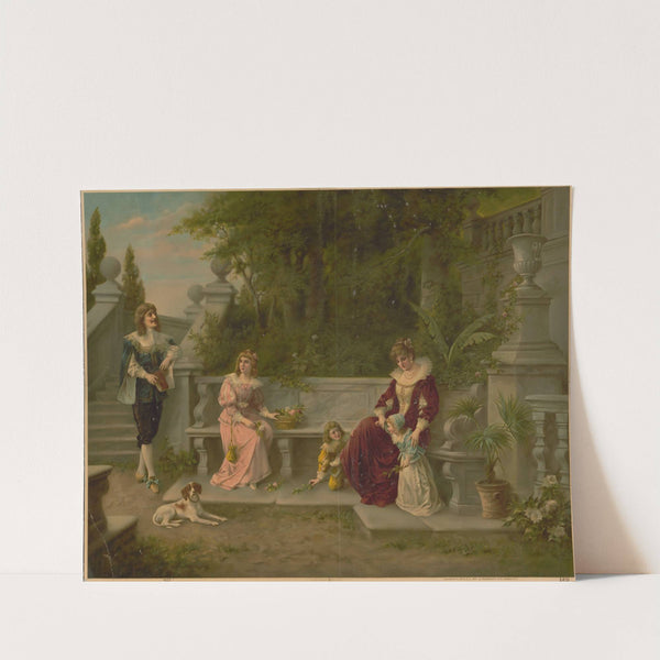 Woman, man, and children at bench in garden (1914) by Kunstanstalten A.G.