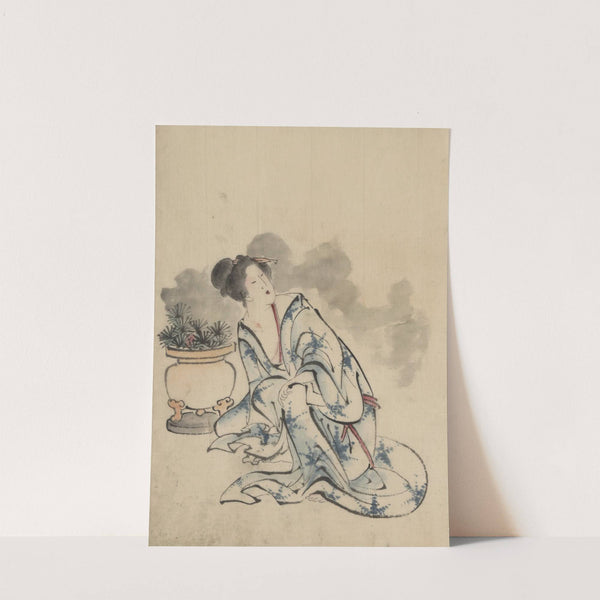 Woman, possibly a courtesan, sitting next to a flowerpot by Katsushika Hokusai