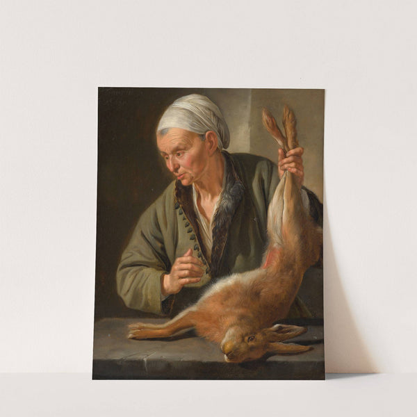 Woman presenting a hare by Jacob Toorenvliet