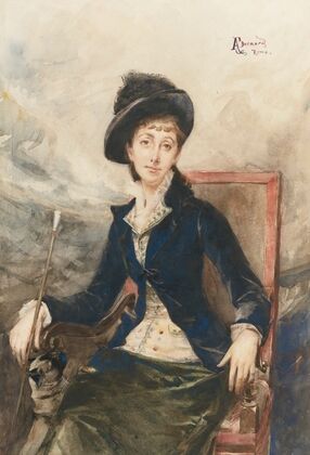 Woman Seated In A Chair With Her Dog (Possibly Princess Gabriella Of Rome)