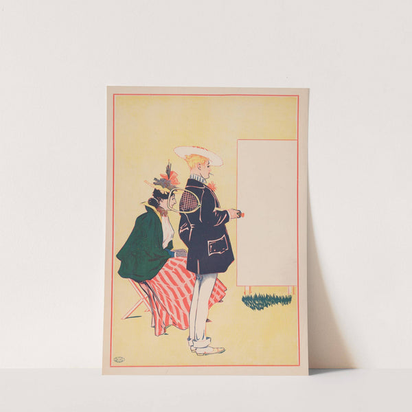 Woman seated, man standing with tennis racket looking at empty sign by George Reiter Brill