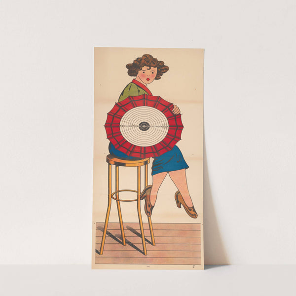 Woman seated on stool holding parasol with numbered concentric circle design on it by René Ackermann