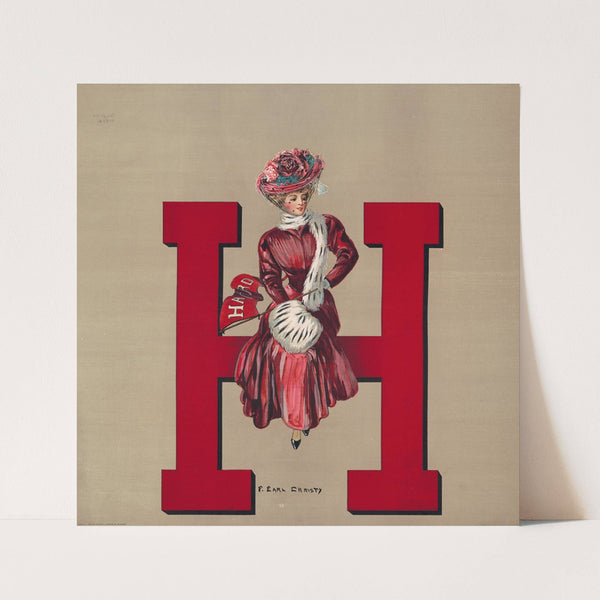 Woman sitting on giant Harvard H (1907) by F. Earl Christy