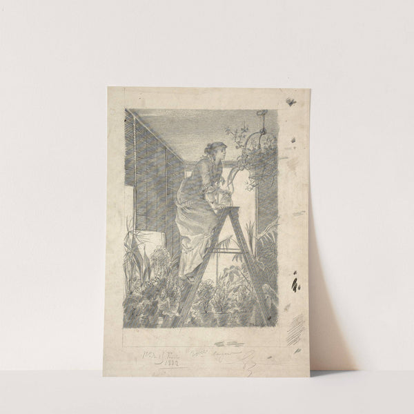 Woman watering flowers hanging from a lamp chandelier (1882) by Marie Bracquemond
