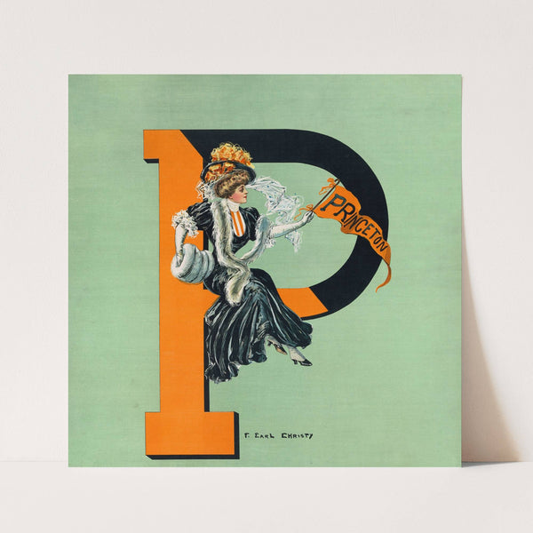 Woman waving a Princeton flag sitting on a giant P (1906) by F. Earl Christy