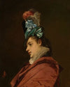 WOMAN WEARING A HAT WITH A BLUE RIBBON