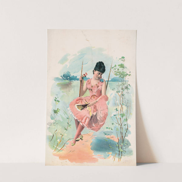 Woman wearing a pink dress with gold stars sitting on a swing (1892) by Calvert Litho. Co