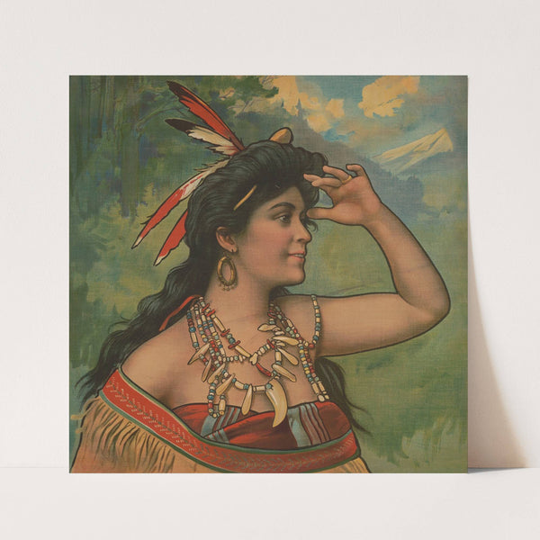 Woman wearing feathers in her hair looking off into the distance (1904) by Campbell, Metzger & Jacobson