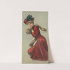 Woman wearing red coat and hat with fur muffler in the snow by Gray Litho. Co