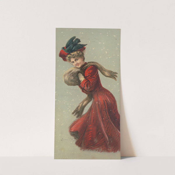 Woman wearing red coat and hat with fur muffler in the snow by Gray Litho. Co