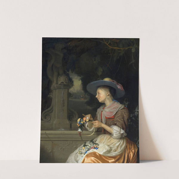Woman Weaving a Crown of Flowers by Godfried Schalcken