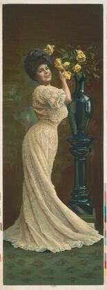 Woman with lace dress arranging yellow roses in a vase (1907)