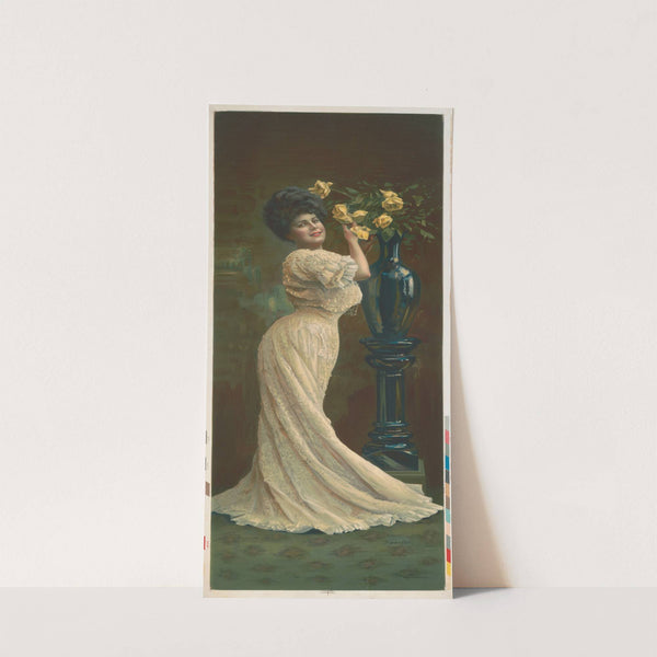 Woman with lace dress arranging yellow roses in a vase (1907) by Meek Company