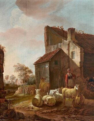 Woman with sheep at the ruins of the gatehouse of Brederode castle — size preview