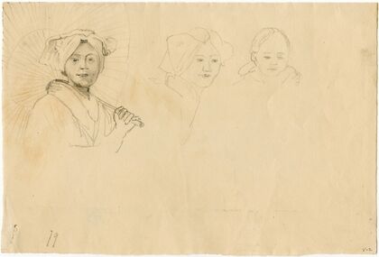 Woman with sunshade, head of a woman, head of a child