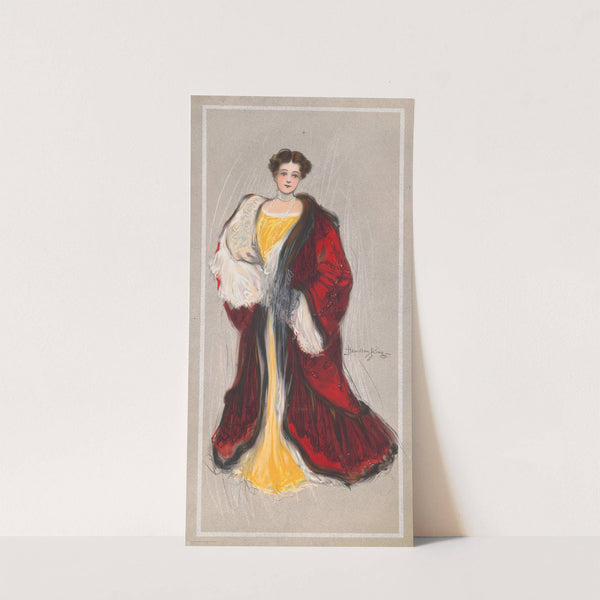 Woman with yellow dress and red coat by Hamilton King