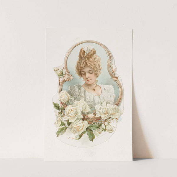 Woman’s Head Enframed with White Roses (ca. 1891) by Louis Prang & Co.