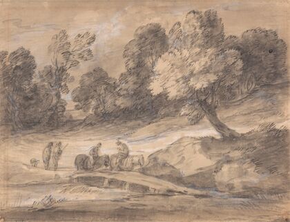 Wooded Landscape with Figures on Horseback Crossing a Bridge